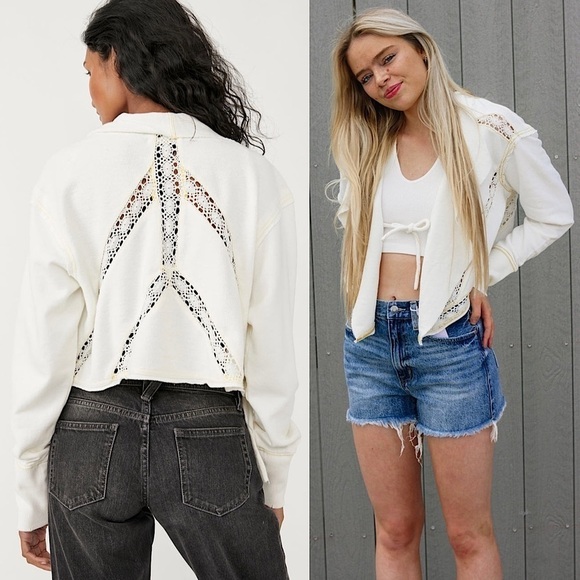FREE PEOPLE Crochet Lace Oversize Drape Collar Tie Front Crop Cardigan Jacket XS - Picture 1 of 8